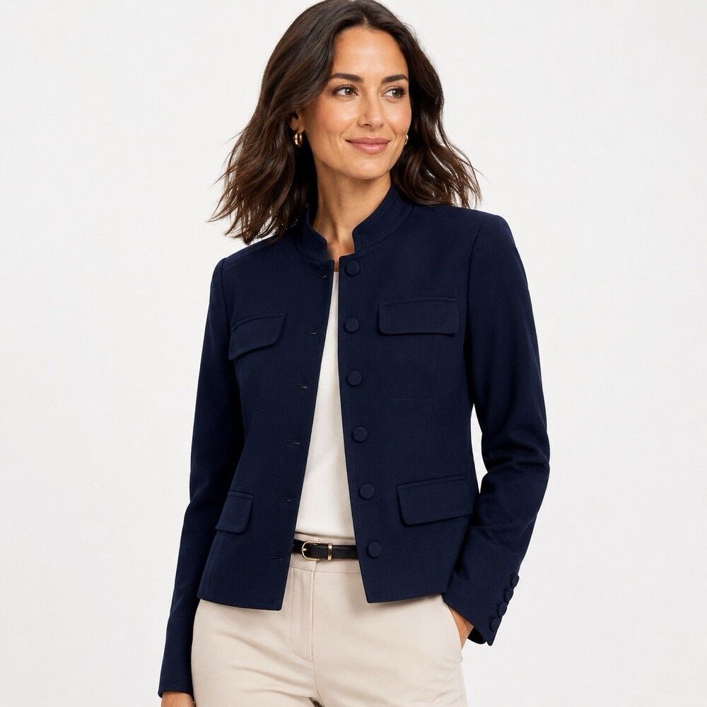 Loft Military Style Career Office Blazer Button Jacket Navy Blue Womens Size 10